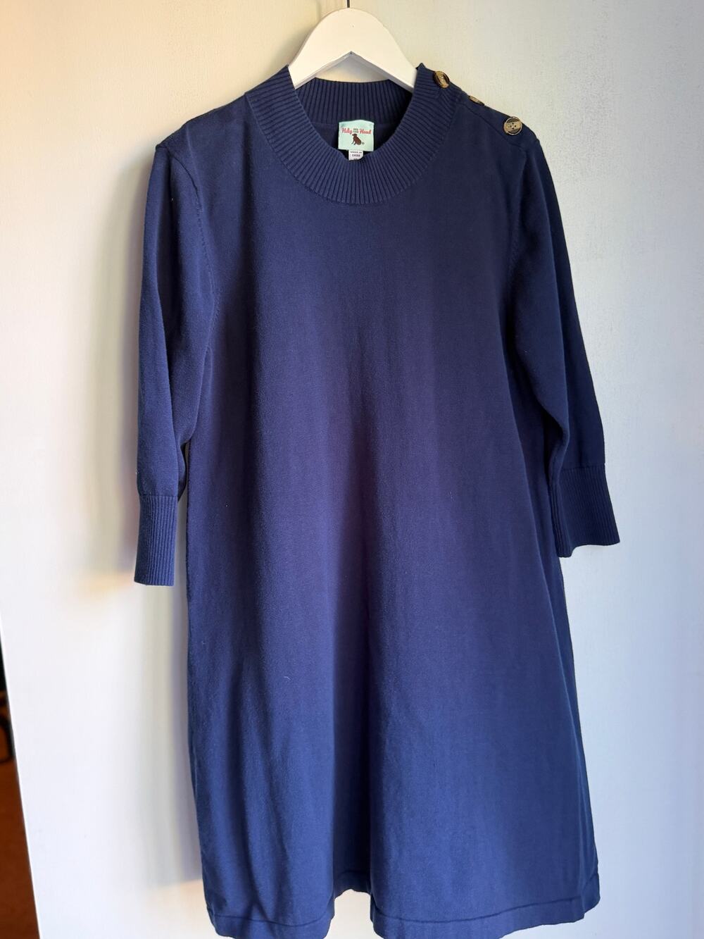 Haley & The Hound Navy Cotton Sweater Dress XL Gold Button Shoulder Preppy